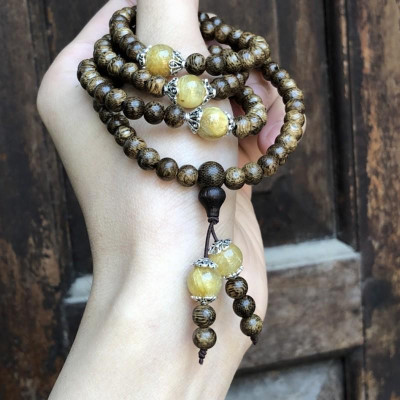 Vòng Tay Trầm Hương phối Đá Tóc Vàng cùng charm bạc thái - bình an, may mắn, tài lộc