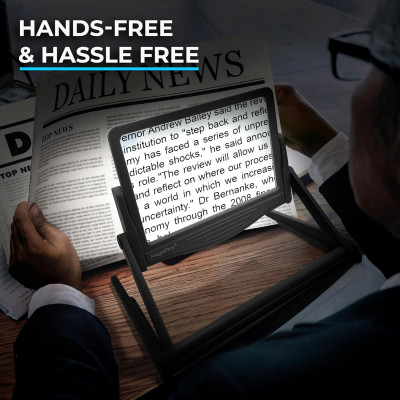 Kính lúp đọc sách cỡ lớn cao cấp Magnipros 1820BK+ST+FBA (5X, có đèn led 3 chế độ màu vô cấp để giảm mỏi mắt, có khung đỡ)