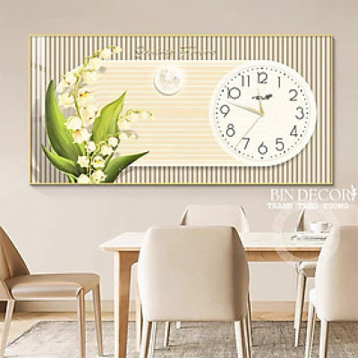 Tranh đồng hồ treo tường hoa linh lan tráng gương bo viền vàng kèm đinh treo