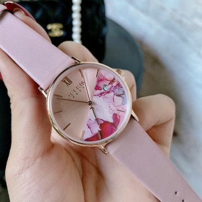 Đồng Hồ Nữ Julius Hàn Quốc JA1312 Dây Da Mặt In Hoa Thanh Lịch