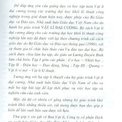 Vật Lí Đại Cương  - Tập Một: Cơ-Nhiệt (Dùng Chung Các Trường Đại Học Khối Kĩ Thuật Công Nghiệp) - Tái bản lần thứ 26 năm 2023