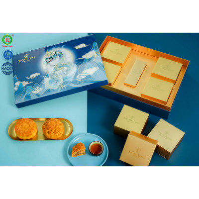 Hộp bánh trung thu cao cấp tráng gương 4 bánh 2 trứng 220g - Long Hưng - Thành Long 880g - Tặng 1 hộp trà - Việt Nam