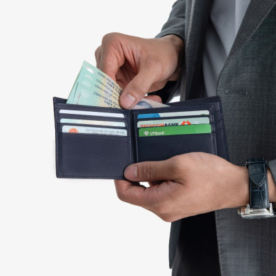 Ví Da Nam Hàng Hiệu GENCE C18 Chất Liệu Da Bò Cao Cấp Màu Xanh Navy Dáng Ngang