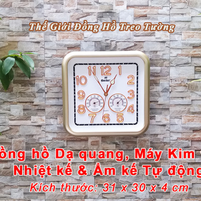 Đồng Hồ Treo Tường EASTAR Cao Cấp Có DẠ QUANG Và NHIỆT ẨM KẾ CƠ (Không Dùng Pin) - Máy Kim Trôi - SỐ NỔI 3D - Hình Vuông Mặt Trắng - Tặng Pin Maxell
