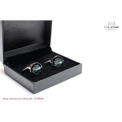 Khuy Cài tay áo Măng Set cao cấp đính đá - cufflinks , tặng kèm hộp nhỏ, hình bông hoa xanh