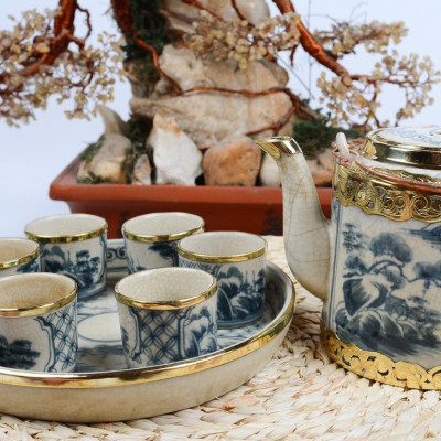 Bộ ấm tích men rạn Bát Tràng bọc đồng cao cấp