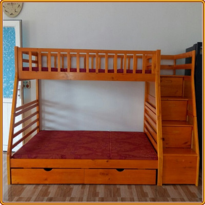 Giường 2 tầng nhập khẩu Tundo kèm 2 hộc kéo cầu thang đảo chiều màu vàng