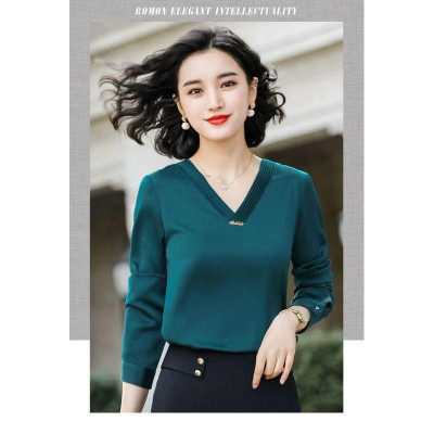 Áo sơ mi cổ V cách điệu tay dài cao cấp