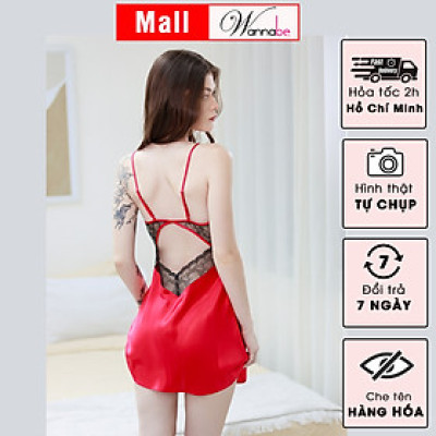 Đầm ngủ lụa cao cấp WANNABE DNS46 váy ngủ hở lưng phối ren nữ tính quyến rũ