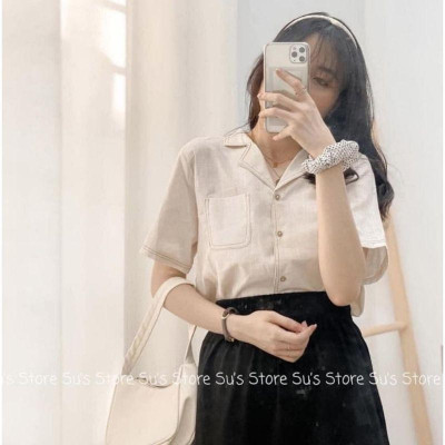 Áo sơ mi nữ cổ V 2 màu be trắng