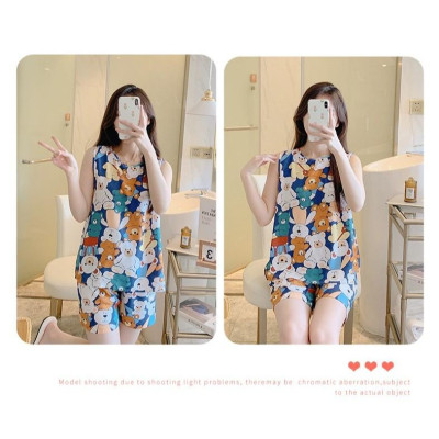 Bộ đồ mặc ở nhà dành cho nữ, bộ áo ba lỗ và quần đùi vải lanh mềm mát, họa tiết trẻ trung, size từ 45 - 75 kg (kiểu 1)