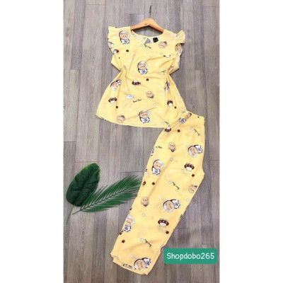 Đồ bộ nữ,đồ ngủ mặc nhà lửng 9 tấc tay cánh tiên vải lanh BL 52 họa tiết dễ thương size 51-70kg.