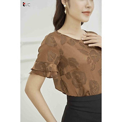Áo kiểu Sơ mi hoa chìm nâu, tay bèo Tri