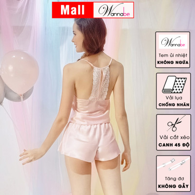 Đồ bộ mặc nhà phi lụa wannabe, bộ short bss07 phối ren hoa phía sau nữ tính, trẻ trung