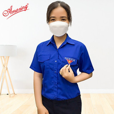 Áo sơ mi nữ đồng phục đoàn viên Việt Nam có chiết 4 ben eo, tay dài và tay ngắn thêu cờ đỏ sao vàng