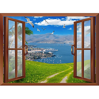 TRANH CỬA SỔ PVP-CS11 Tranh dán tường 3d  thiên nhiên , cửa sổ mở RA VƯỜN HOA  xanh mát, thiên nhiên,Tranh dán tường có sẵn keo tiện lợi.
