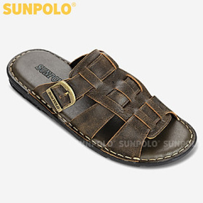 Dép Nam Quai Ngang Da Bò Cao Cấp SUNPOLO SUA1N - Nâu