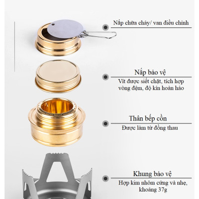 Bếp cồn dã ngoại, cắm trại, picnic SK063. Chất liệu hợp kim nhôm + đồng vàng. Nắp chữa cháy an toàn.