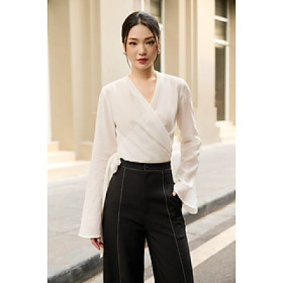 Áo sơ mi kiểu chất tơ, hai vạt thắt tự do Ellie thiết kế cao cấp WHITE CHIC