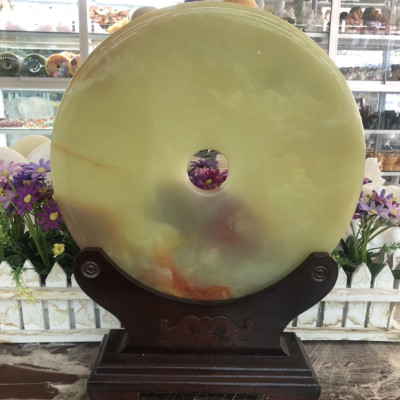 Đồng tiền, đồng điếu may mắn phong thủy chiêu nạp tài lộc đá ngọc Onyx xanh nhạt - Đường kính 26 cm