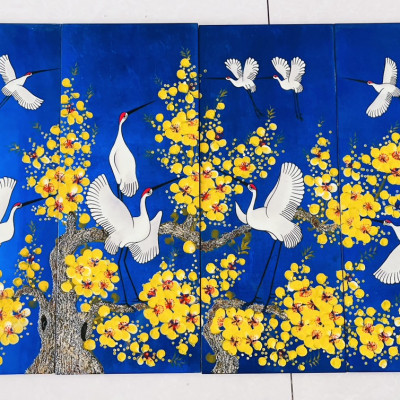 Bộ Tranh sơn mài 4 tấm - HOA ĐÀO & ĐÀN HẠC TIÊN - Size 50x80 cm / 60x120 cm - Ý nghĩa Phong Thủy