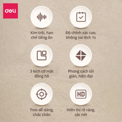 Đồng hồ treo tường 14 inches kim trôi không ồn phong cách tối giản minimalism Deli trang trí phòng khách