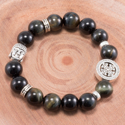 Vòng tay thạch anh mắt hổ xanh đen phối charm phật bạc (10mm) Ngọc Quý Gemstones