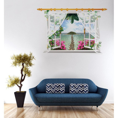 Decal dán tường nguyên miếng cửa sổ hoa đào có rèm SK9020F