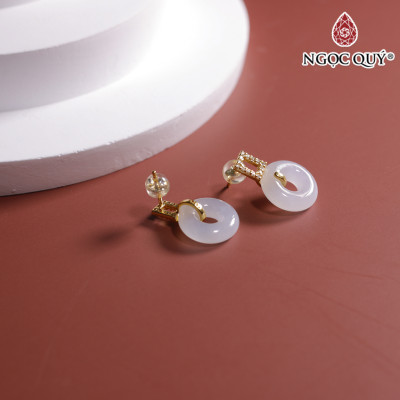 Bông tai bạc đồng điếu đá cẩm thạch phỉ thúy màu bạch ngọc type A mệnh hỏa , mộc - Ngọc Quý Gemstones