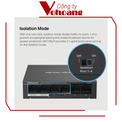 Bộ Chia Mạng Swich PoE Mercusys MS106LP 6 Cổng 10/100Mbps Hỗ Trợ 4 Cổng PoE+ Mỗi Cổng Công Suất 30W Kết Nối Lên Đên 250 Mét - Hàng Chính Hãng