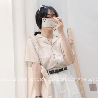 Áo sơ mi nữ cổ V 2 màu be trắng