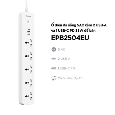 Ổ điện đa năng Energizer thông minh, WiFi Smart Power Strip chịu tải 2500W, sạc nhanh USB-C 38W - Hàng chính hãng