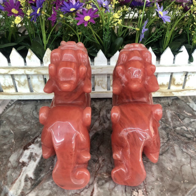 Cặp Tỳ Hưu phong thủy đá núi lửa Obsidian đỏ - Dài 15 cm