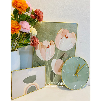 (CÓ ẢNH THẬT) Tranh đồng hồ tráng gương hoa tulip bộ 3 tranh bo viền kèm đinh và pin