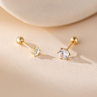 Khuyên Tai Nụ 6 Chấu Vàng 14KY Đính Đá CZ trắng - MOON Jewelry