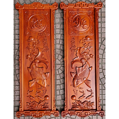 Tranh gỗ hương ván liền tấm đục nổi-Lý Ngư Vọng Nguyết-TG172