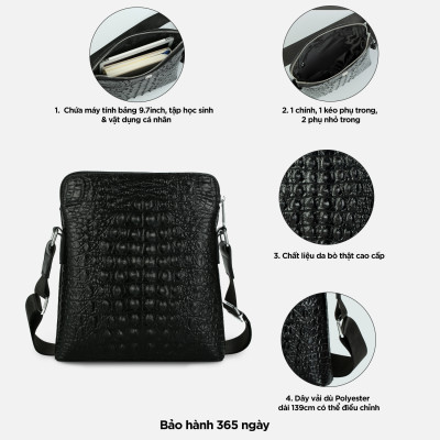 Túi xách công sở da thật cao cấp, túi đeo chéo nam đựng IPAD 9.7 inch họa tiết vân cá sấu nổi bật IDIGO MB1 - 6025