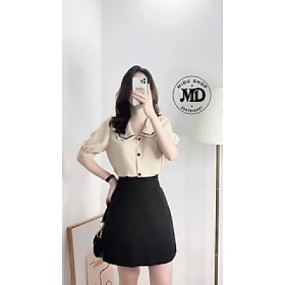 Áo sơ mi lụa nữ lụa tay lỡ trắng cổ viền đen