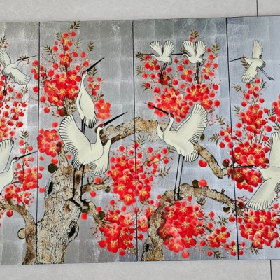 Bộ Tranh sơn mài 4 tấm - HOA ĐÀO & ĐÀN HẠC TIÊN - Size 50x80 cm / 60x120 cm - Ý nghĩa Phong Thủy