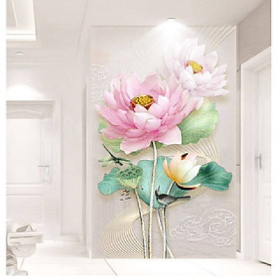 (ẢNH THẬT) Tranh dán tường 3D hoa sen hồng tranh trang trí decor khổ dọc