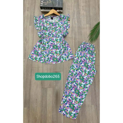  Đồ bộ nữ,đồ ngủ mặc nhà lửng 9 tấc áo 2 lớp tay cánh tiên vải lanh BL 42 họa tiết dễ thương size 51-65kg.