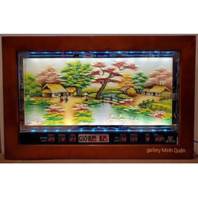 Đồng hồ vạn niên, tranh đá quý đèn led, Làng quê- 2062