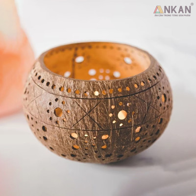 Đèn Gáo Dừa Đựng Nến Tealight Hoa Cúc Handmade Decor Tự Nhiên Trang Trí Spa Cafe ANKAN