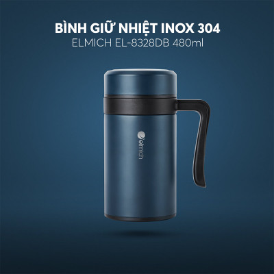 Ly giữ nhiệt inox 304 Elmich EL8329 450ml, Hàng chính hãng, có tay cầm, có khay lọc trà, miệng rộng dễ vệ sinh - JoyMall