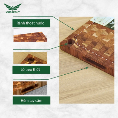 Thớt gỗ Teak Vibasic A80 phiên bản YÊU NƯỚC, ghép dựng block kích thước 350x250x27mm có lỗ treo, khắc logo 80 năm 2/9
