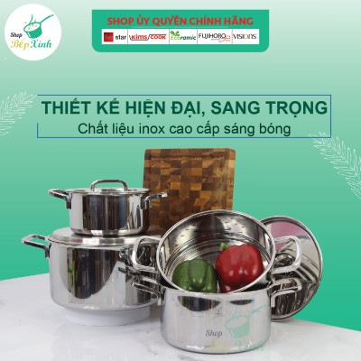 Bộ nồi xửng hấp inox 304 cao cấp Fivestar Plus 3 lớp đúc liền 4 chiếc nắp inox
