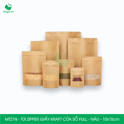 MTZ1N - 10x15cm - Combo 25 Túi Zipper giấy Kraft Nâu đáy đứng có cửa sổ