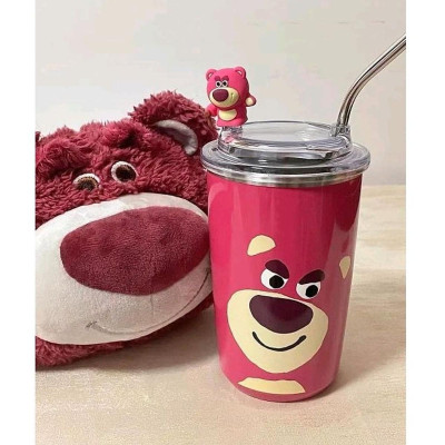 Cốc Giữ Nhiệt Gấu Dâu Losto Tiện Dụng Kèm Túi Và Ống Hút Bằng Thép Không Gỉ, Inox 304 Cao Cấp Dung Tích 450ml