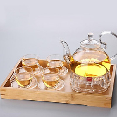 Bộ ấm pha trà thủy tinh tay vồng kèm khay, đế nến, 6 đĩa lót tách