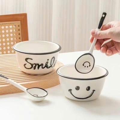 Set 2 Bát Ăn Cơm Sứ Hình Mặt Cười Smile - Chén Ăn Ngon Miệng Cho Bé, Hoạt Hình Dễ Thương Kèm 2 Thìa - HÀNG CHÍNH HÃNG MINIIN